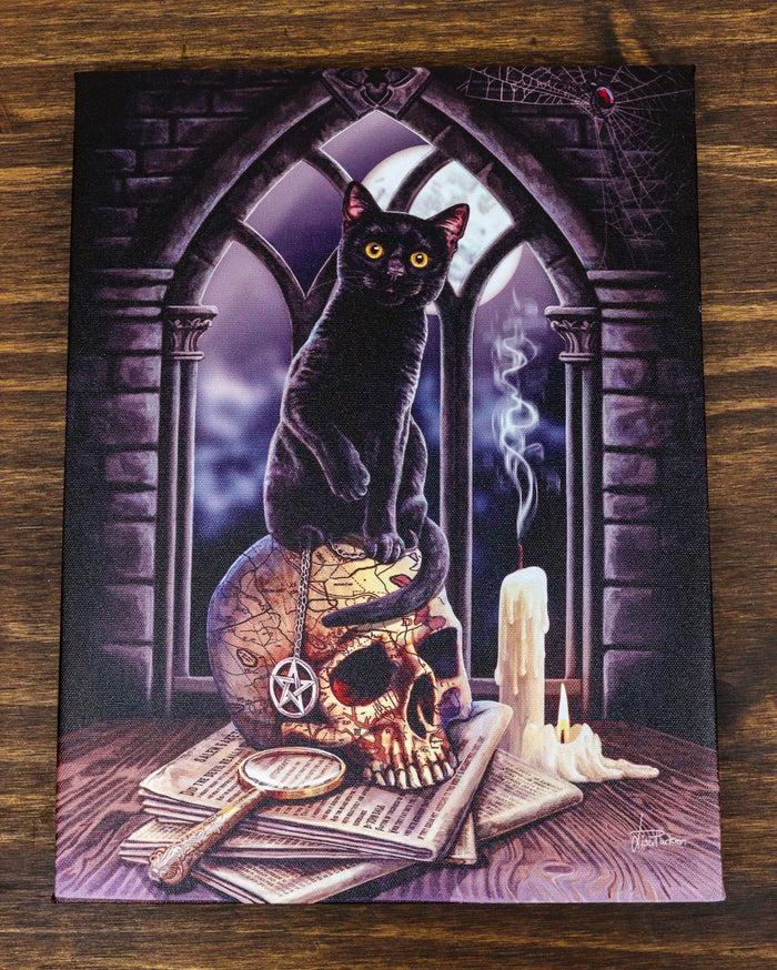 Salem Witch Map Pentagram Skull With Black Cat Wood Framed Canvas Wall Decor
