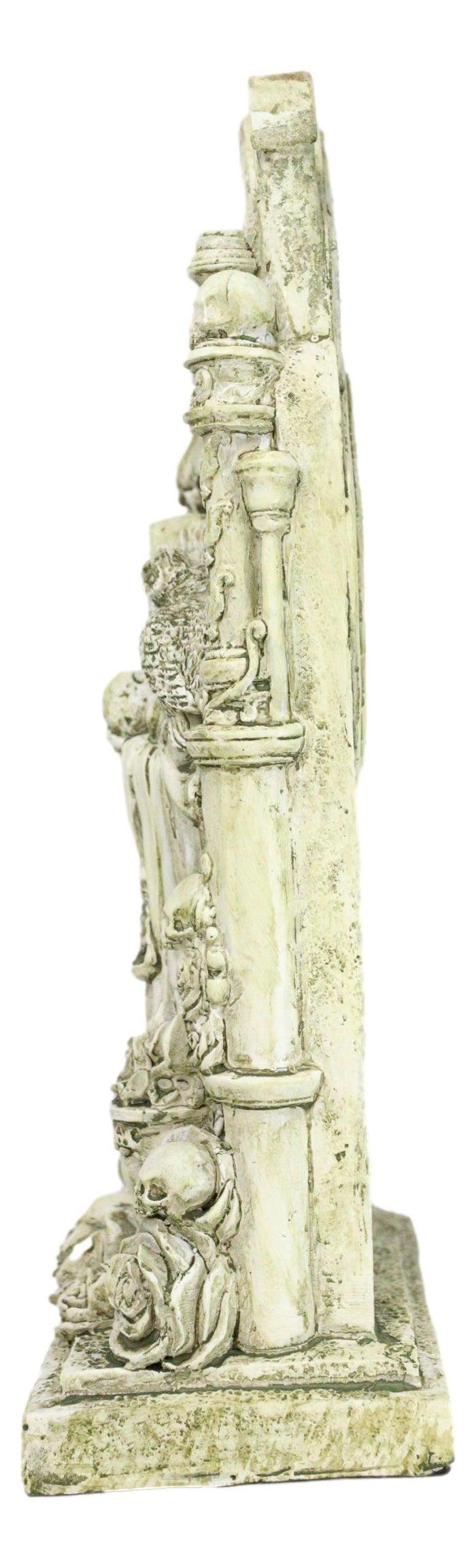 Santa Muerte Holy Death Bone Mother Standing By Skulls Roses Graveyard Statue