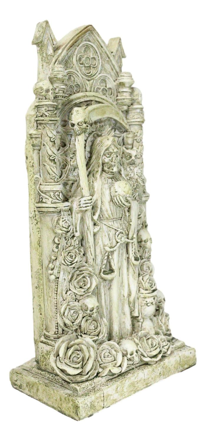 Santa Muerte Holy Death Bone Mother Standing By Skulls Roses Graveyard Statue