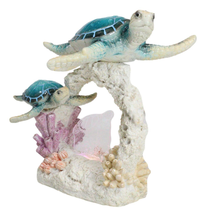 Sea Turtle Mother And Hatchling Family By Coral Reef With 3D LED Light Figurine