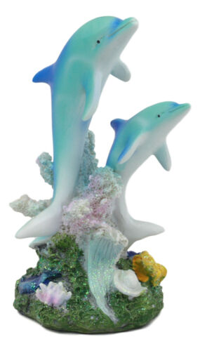 Sea World Nautical Two Bottlenose Dolphins Swimming By Coral Reefs Statue 5.5"H