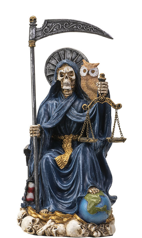 Seated Blue Santa Muerte With Scythe Scales Of Justice And Wise Owl Figurine 9"H
