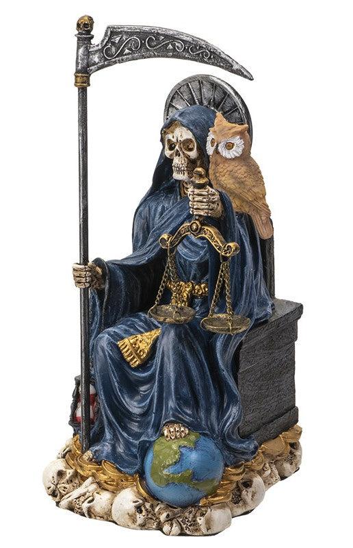 Seated Blue Santa Muerte With Scythe Scales Of Justice And Wise Owl Figurine 9"H