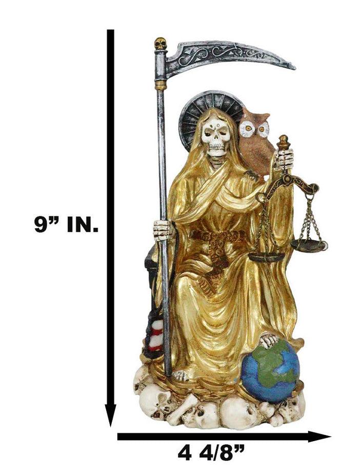 Seated Gold Santa Muerte With Scythe Scales Of Justice And Wise Owl Figurine 9"H