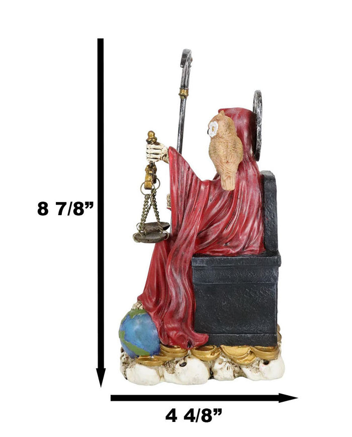 Seated Red Santa Muerte With Scythe Scales Of Justice And Wise Owl Figurine 9"H