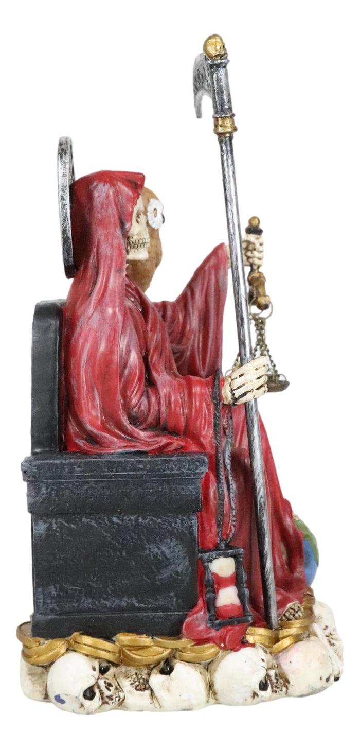 Seated Red Santa Muerte With Scythe Scales Of Justice And Wise Owl Figurine 9"H