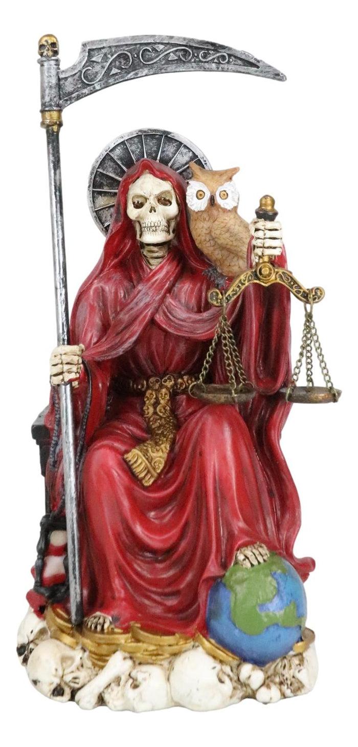 Seated Red Santa Muerte With Scythe Scales Of Justice And Wise Owl Figurine 9"H