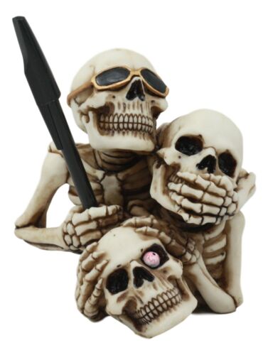 See Hear Speak No Evil Stacked Up Comical Skeletons Pen Holder Statue Figurine