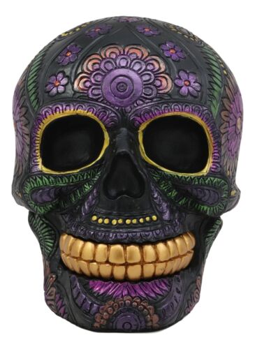 Semi Metallic Black Day Of The Dead Floral Sugar Skull Figurine DOD Skulls Decor