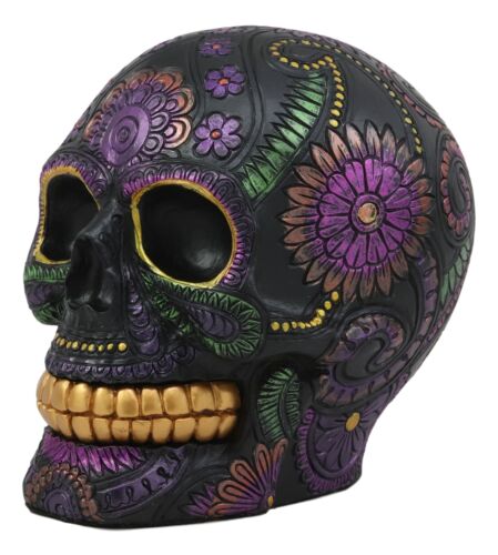 Semi Metallic Black Day Of The Dead Floral Sugar Skull Figurine DOD Skulls Decor
