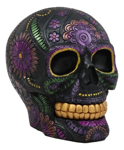 Semi Metallic Black Day Of The Dead Floral Sugar Skull Figurine DOD Skulls Decor
