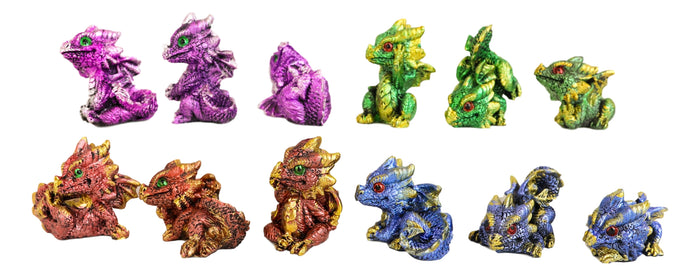 Set Of 12 Metallic Red Green Purple Blue Baby Wyrmling Dragons Mini Figurines