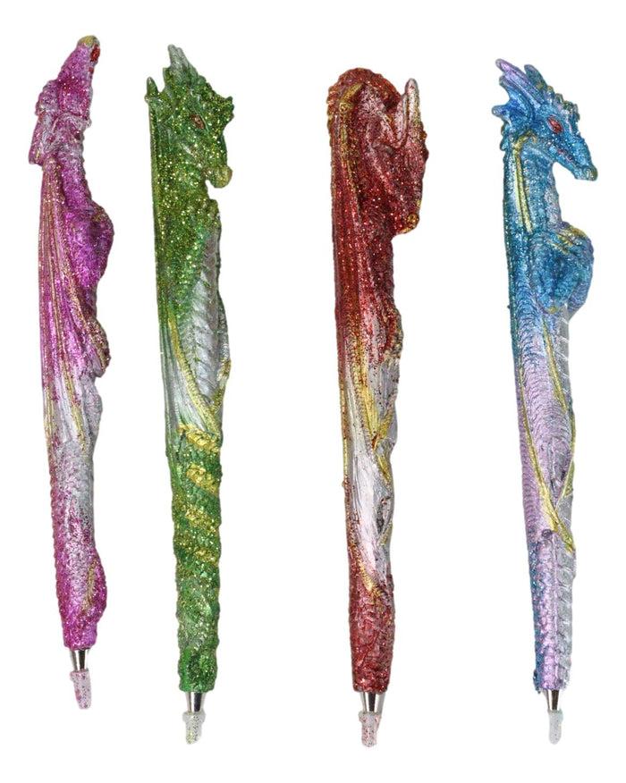 Set Of 16 Colorful Glittering Medieval Fantasy Dragon Figural Ball Point Pens