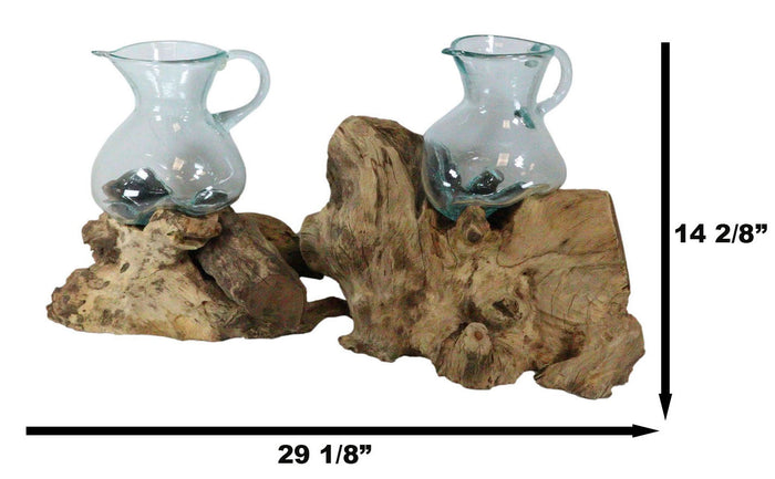 Set Of 2 Balinese Natural Gamal Wood Driftwood With Molten Glass Water Jugs