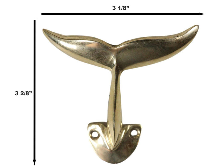 Set Of 2 Brass Gold Nautical Sea Baleen Blue Whale Tail Wall Coat Hook Hangers