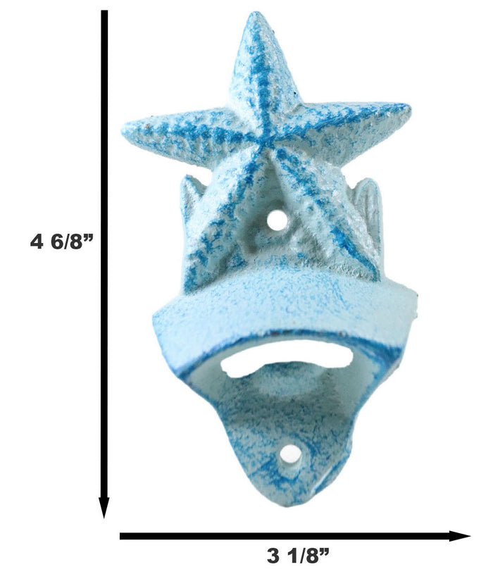 Set Of 2 Cast Iron Rustic Beach Blue Marine Sea Star Starfish Wall Bottle Opener