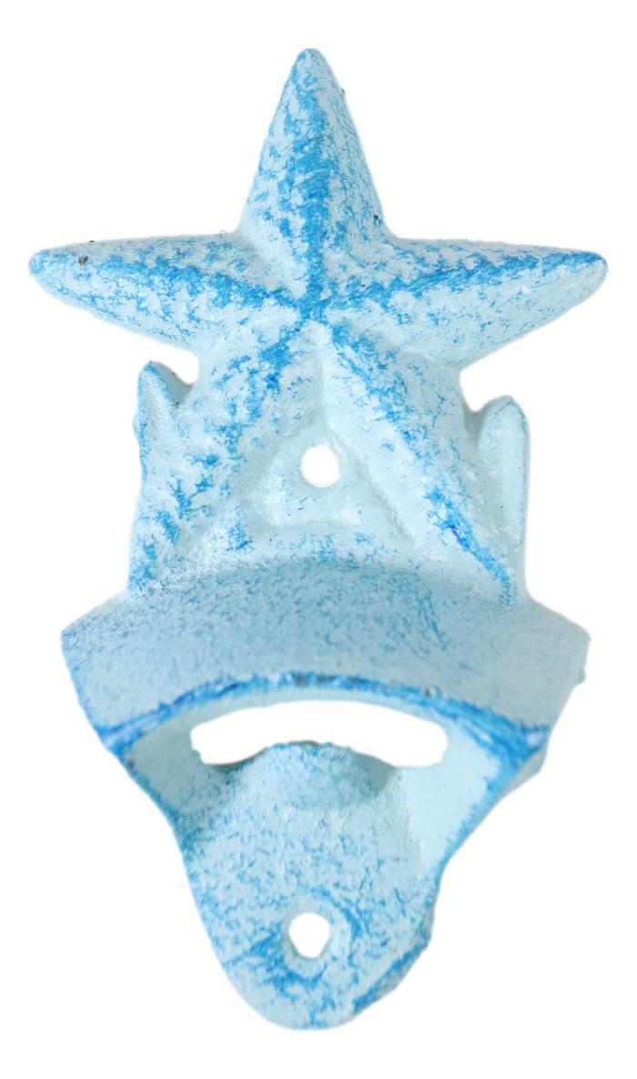 Set Of 2 Cast Iron Rustic Beach Blue Marine Sea Star Starfish Wall Bottle Opener