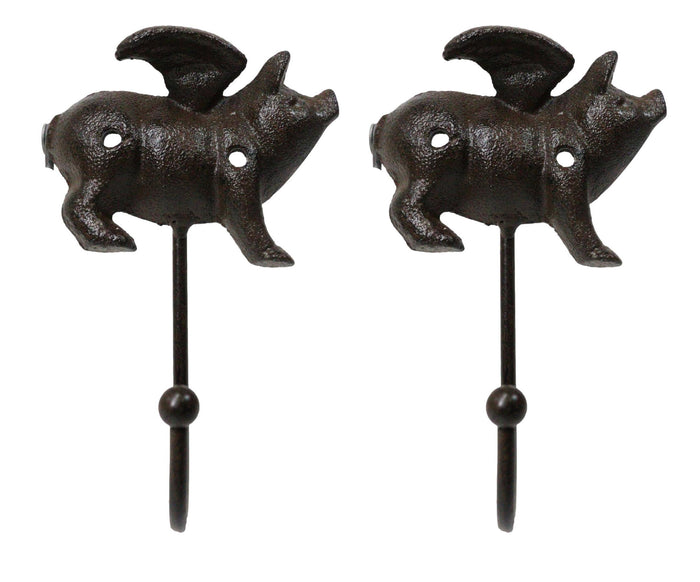 Set of 2 Cast Iron Rustic Country Flying Angel Pig Wall Hooks Coat Towel Hanger