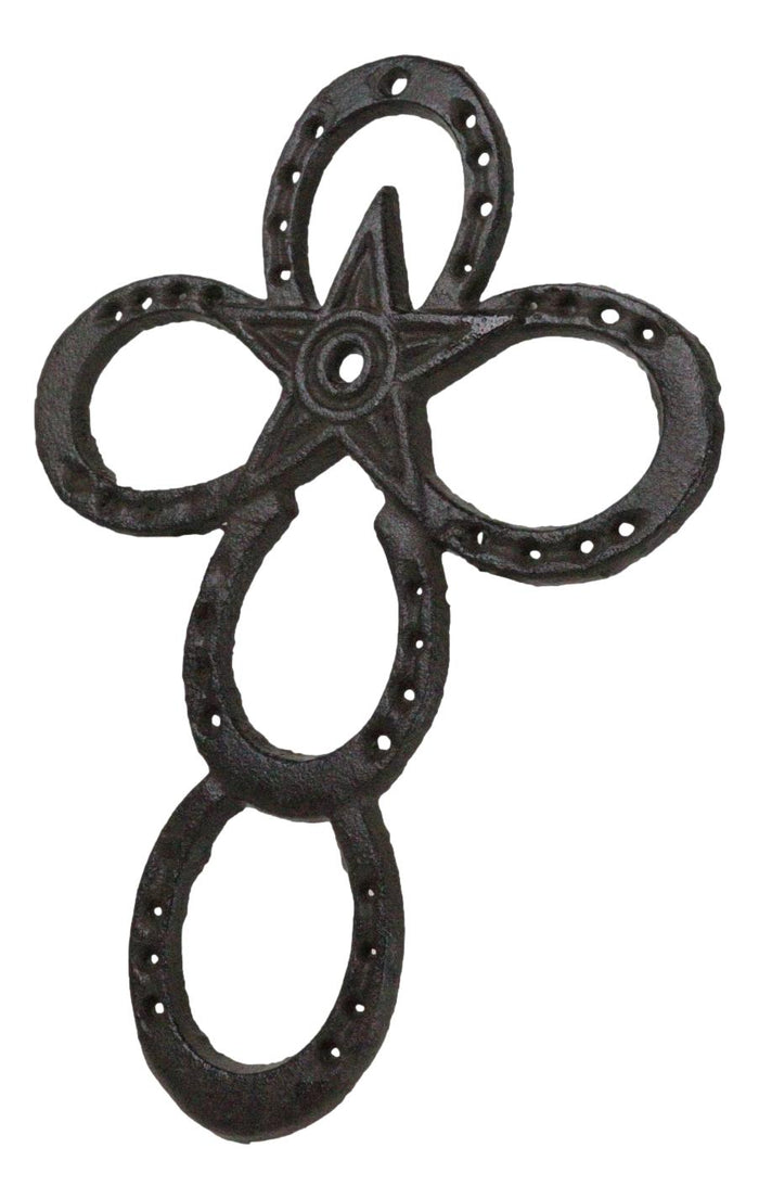 Set Of 2 Cast Iron Rustic Western Horseshoes And Lone Star Christian Wall Cross