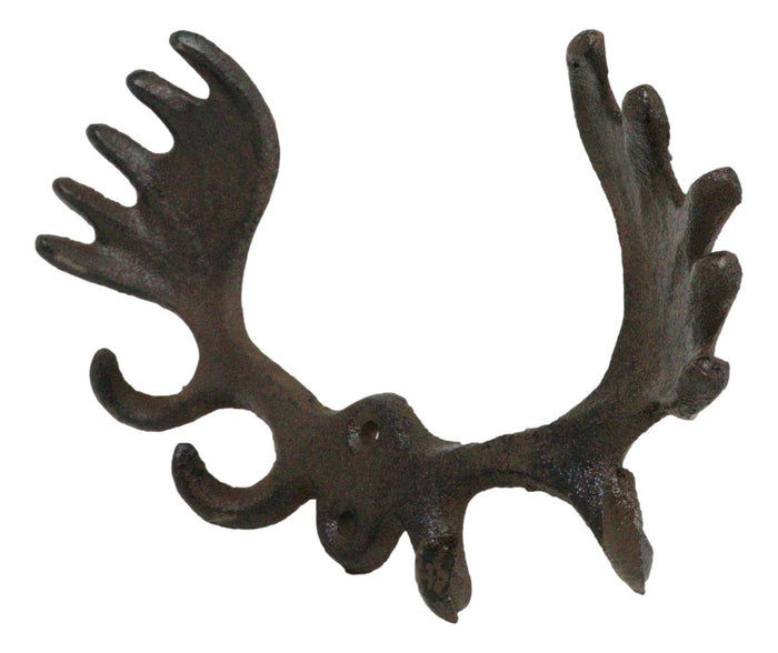 Set Of 2 Cast Iron Western Rustic Bull Moose Antlers Rack 4 Pegs Wall Hooks