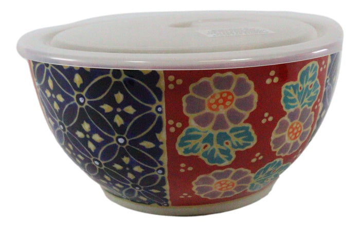 Set Of 2 Ceramic Blue Red Floral Patterns Portion Meal Bowls 5 Cups Airtight Lid