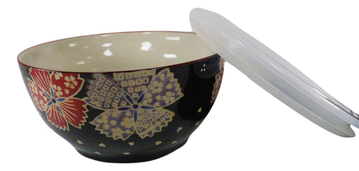 Set Of 2 Ceramic Midnight Floral Blossoms Portion Meal Bowls 5 Cups Airtight Lid