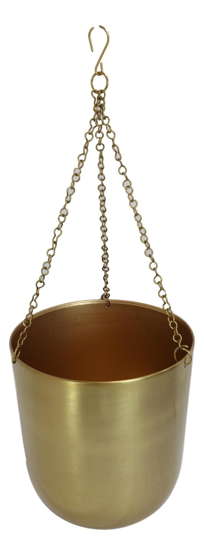 Set Of 2 Contemporary Shiny Gold Metal Hanging Dome Wall Planters With Chains