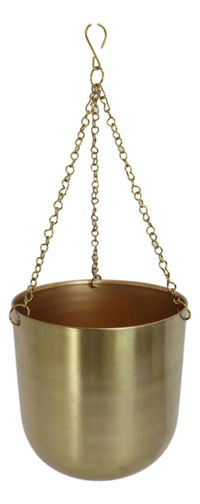 Set Of 2 Contemporary Shiny Gold Metal Hanging Dome Wall Planters With Chains
