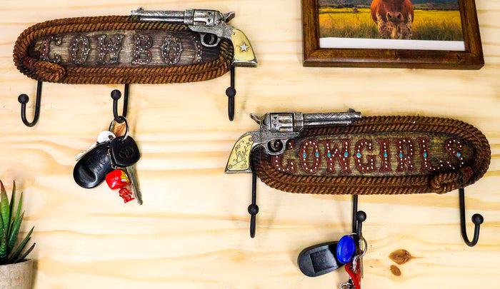 Set Of 2 Cowboy Cowgirl Signs Ropes Six Shooter Gun Pistol Wall 3 Peg Coat Hooks