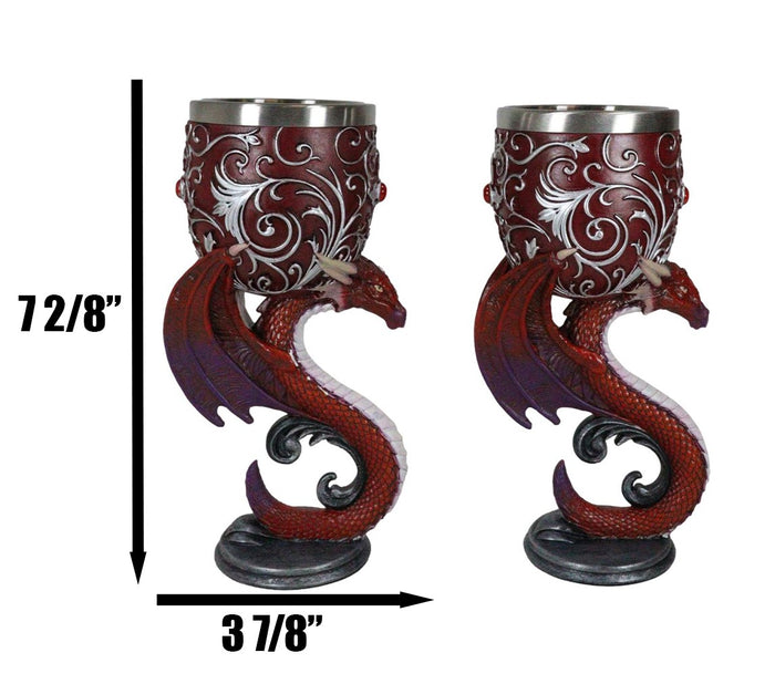 Set Of 2 Fantasy Maroon Dragons Devotion Love Hex Heart Baroque Wine Goblets