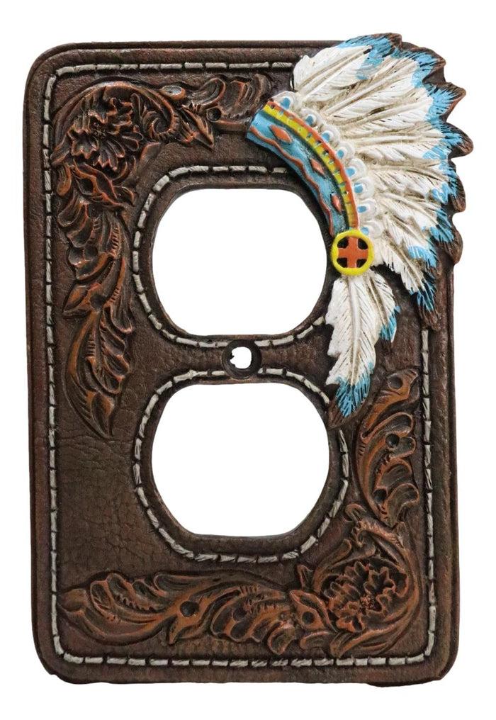 Set Of 2 Faux Leather Indian Chief Headdress Double Receptacle Outlet Plates