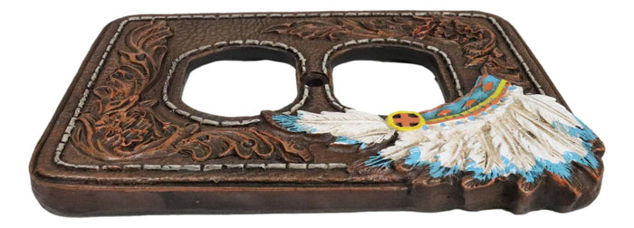 Set Of 2 Faux Leather Indian Chief Headdress Double Receptacle Outlet Plates
