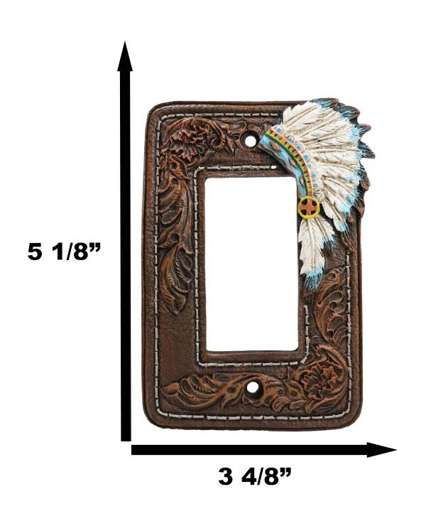 Set Of 2 Faux Leather Indian Chief Headdress Single Gang Rocker Switch Plates