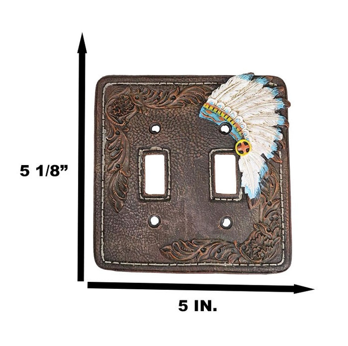 Set Of 2 Faux Leather Tribal Indian Chief Headdress Double Toggle Switch Plates