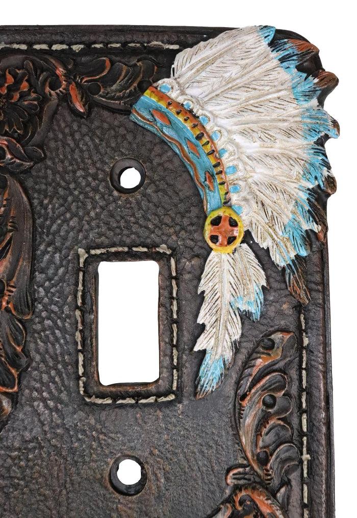 Set Of 2 Faux Leather Tribal Indian Chief Headdress Single Toggle Switch Plates