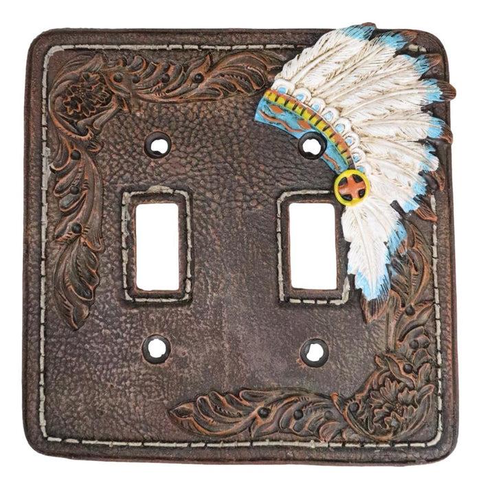 Set Of 2 Faux Leather Tribal Indian Chief Headdress Double Toggle Switch Plates