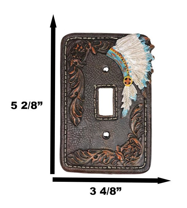 Set Of 2 Faux Leather Tribal Indian Chief Headdress Single Toggle Switch Plates