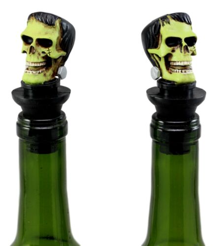 Set Of 2 Frankenskull Dr Victor Frankenstein Skull Wine Stoppers 3"H Figurines