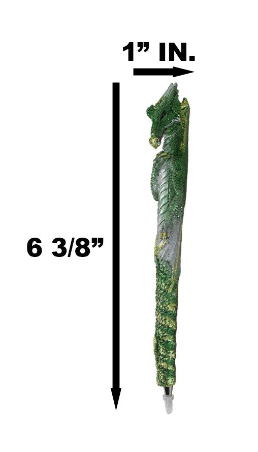 Set Of 2 Glitter Metallic Green Medieval Fantasy Dragon Figural Ball Point Pens