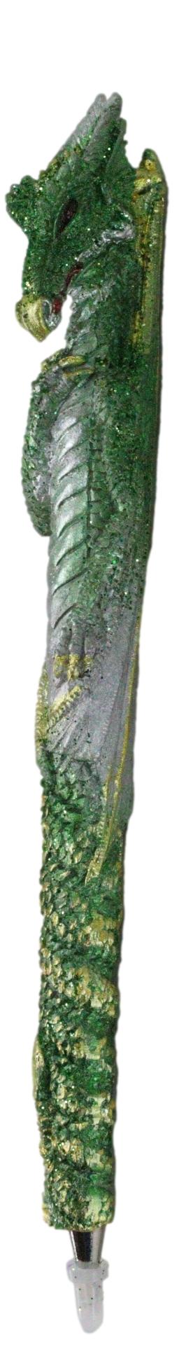 Set Of 2 Glitter Metallic Green Medieval Fantasy Dragon Figural Ball Point Pens