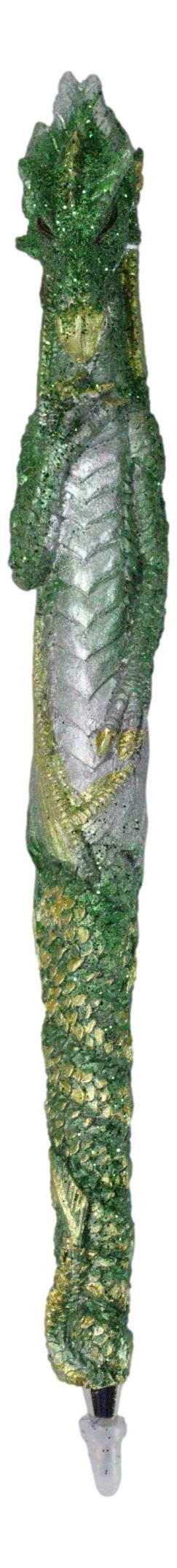 Set Of 2 Glitter Metallic Green Medieval Fantasy Dragon Figural Ball Point Pens