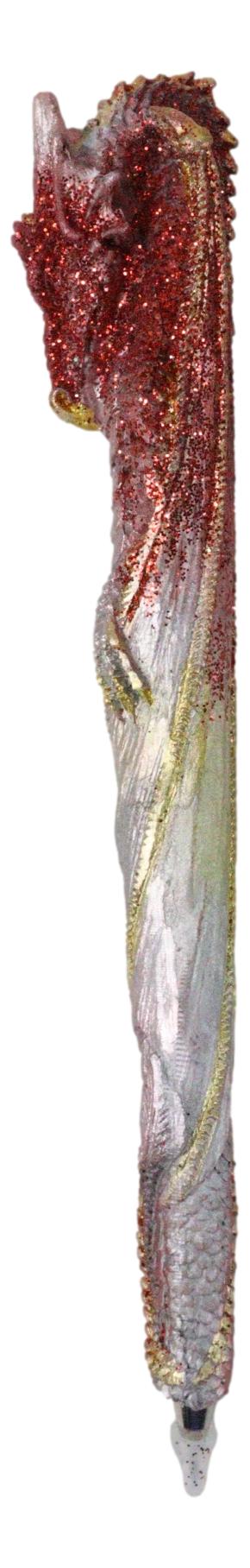 Set Of 2 Glitter Metallic Red Medieval Fantasy Dragon Figural Ball Point Pens