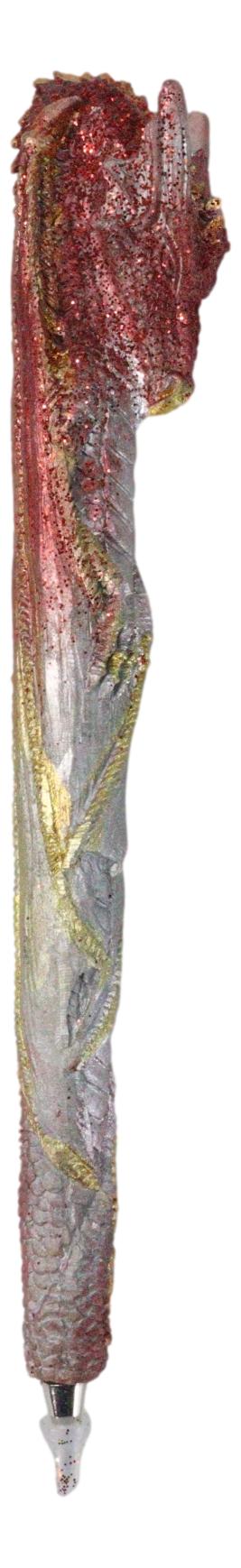 Set Of 2 Glitter Metallic Red Medieval Fantasy Dragon Figural Ball Point Pens