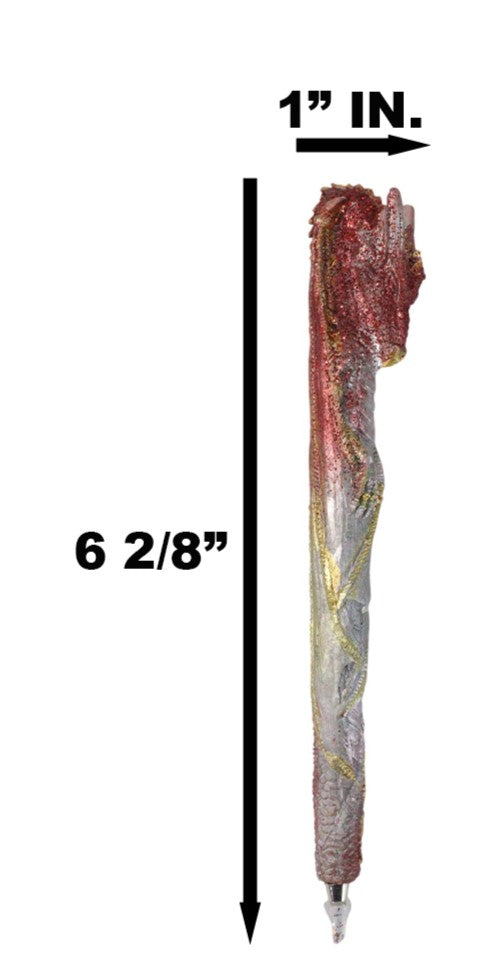 Set Of 2 Glitter Metallic Red Medieval Fantasy Dragon Figural Ball Point Pens