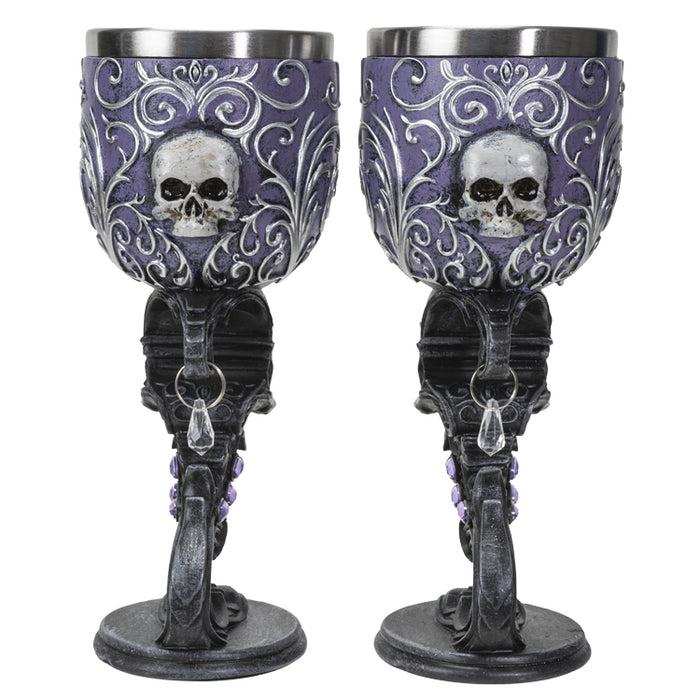 Set Of 2 Gothic Death's Desire Silver Scrollwork Victorian Skull Wine Goblets