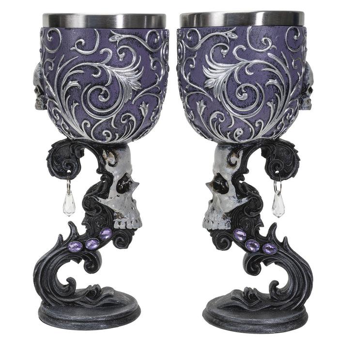 Set Of 2 Gothic Death's Desire Silver Scrollwork Victorian Skull Wine Goblets