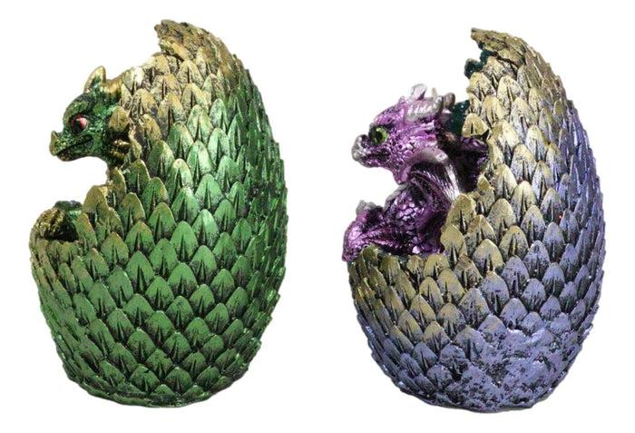 Set Of 2 Green And Pink Baby Dragons In LED Faux Geode Eggs With Dragon Scales