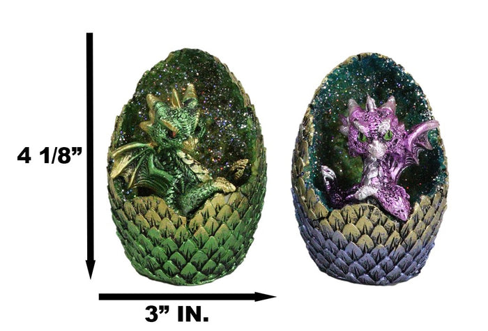 Set Of 2 Green And Pink Baby Dragons In LED Faux Geode Eggs With Dragon Scales
