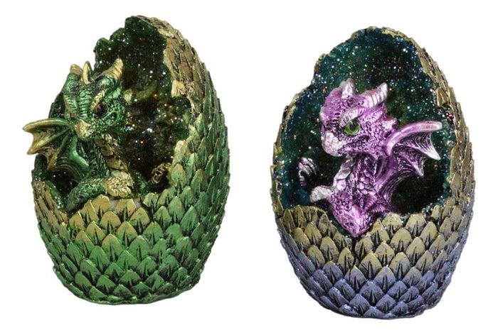 Set Of 2 Green And Pink Baby Dragons In LED Faux Geode Eggs With Dragon Scales