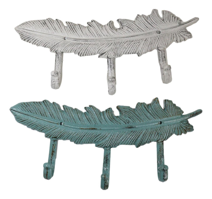 Set Of 2 Green White Native Indian Dreamcatcher Feathers 3-Pegs Triple Wall Hook